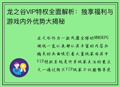 龙之谷VIP特权全面解析：独享福利与游戏内外优势大揭秘